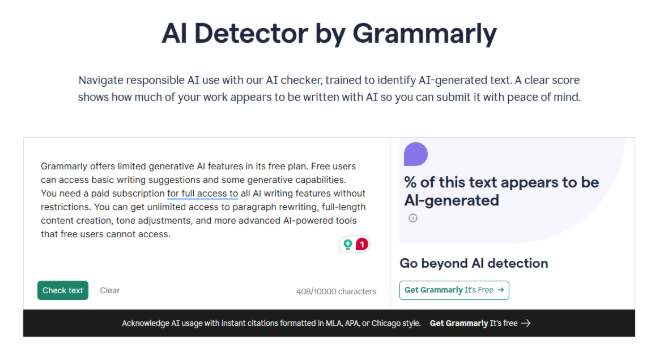 Grammarly AI detection page Grammarly AI detection page