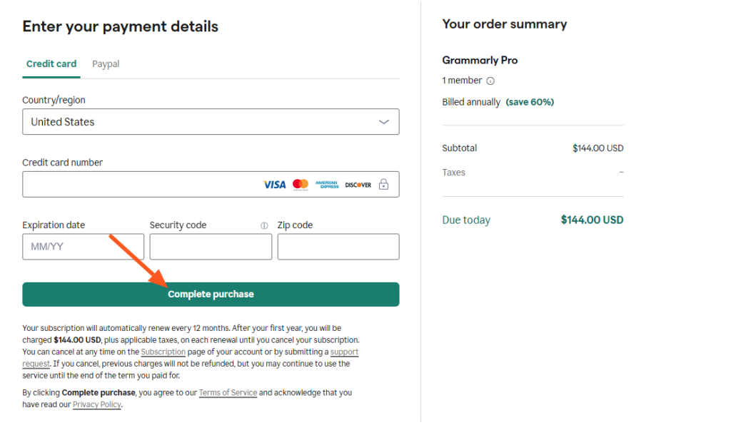 Grammarly Checkout page Grammarly Checkout page