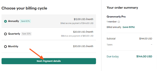 Grammarly Payment details Grammarly Payment details