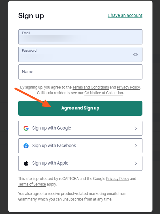 Grammarly Sign UP page Grammarly Sign UP page