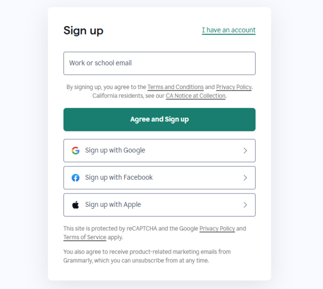 Grammarly Sign up page Grammarly Sign up page