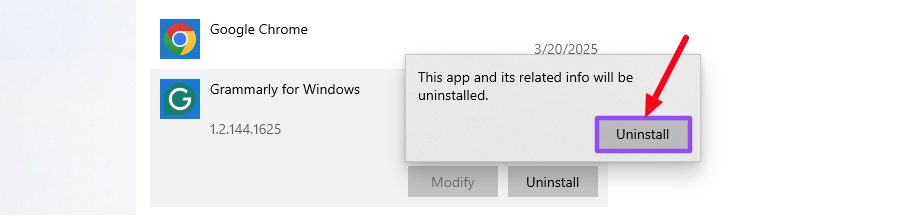 Grammarly for Windows Uninstall button Grammarly for Windows Uninstall button