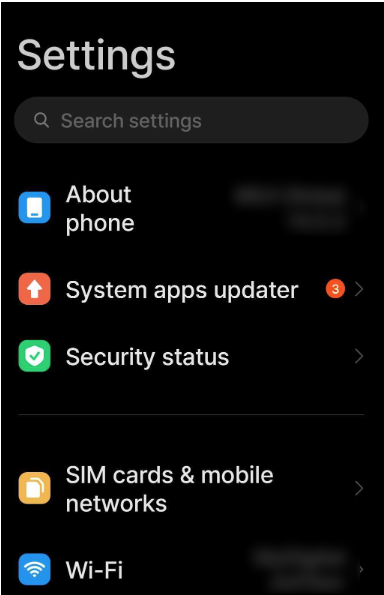 Settings in Android device Settings in Android device