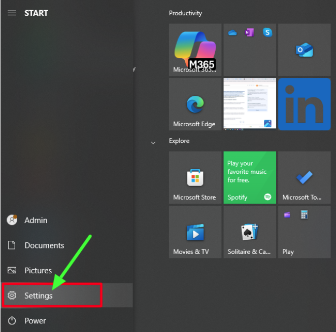 Settings option in Start Menu Settings option in Start Menu